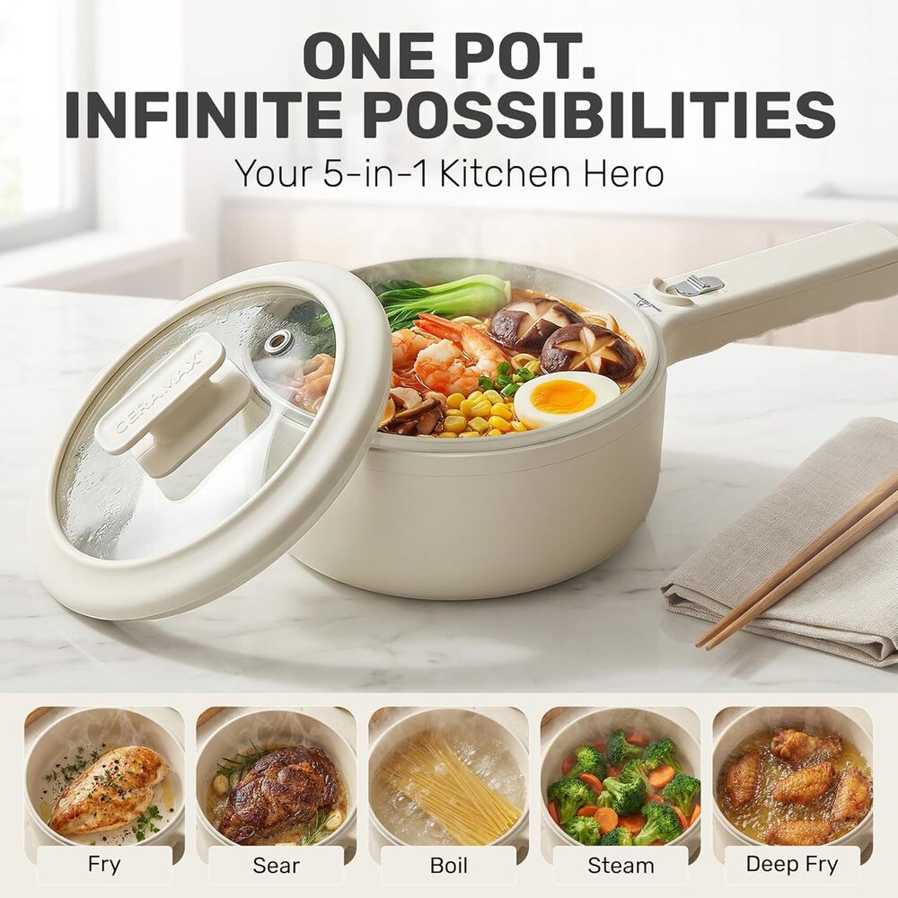 CERAMAX PRO Electric Hot Pot with Lid & Steamer, 1.5L Non Toxic Ceramic Skillet - Picture 3 of 8